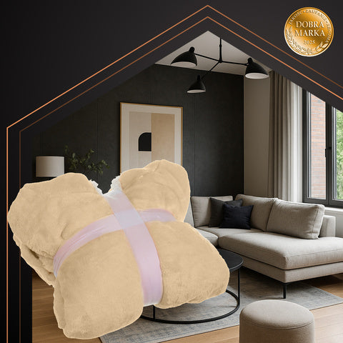 Bluza cu gluga tip patura XXL, model oversized, fleece calduros bej